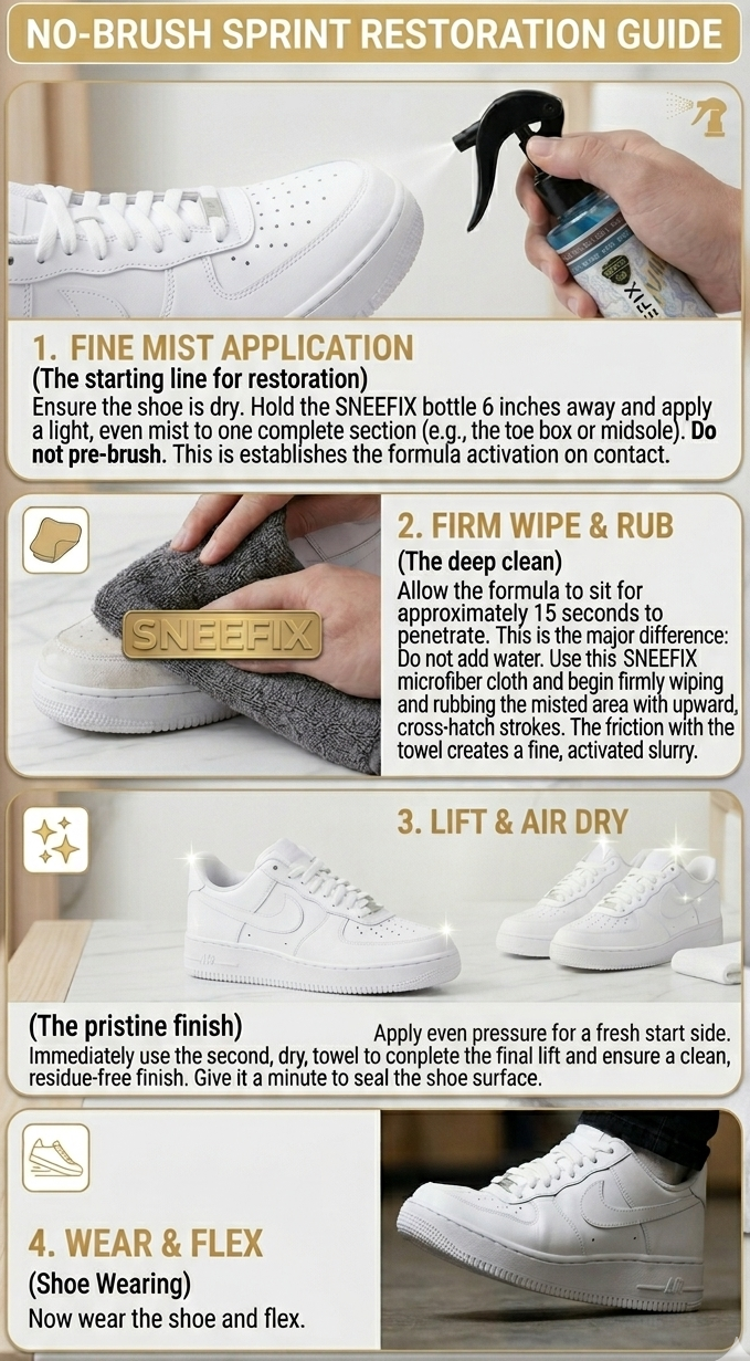 SNEEFIX no-brush shoe restoration guide with steps and images of shoe care.