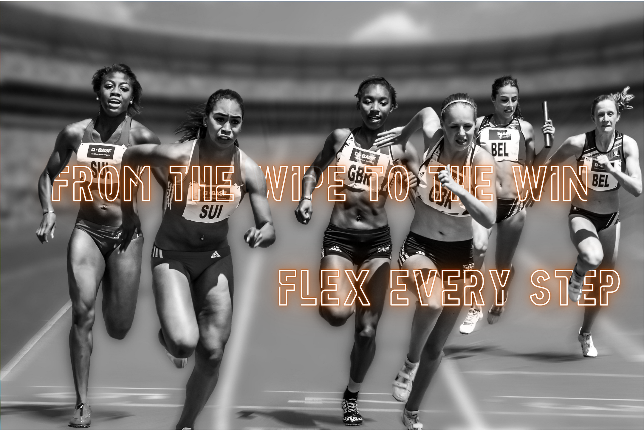 Black and white image of women running on a track with motivational text overlay.
