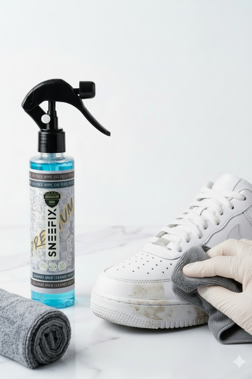 Sneefix shoe cleaning spray bottle with a white sneaker being cleaned on a white background