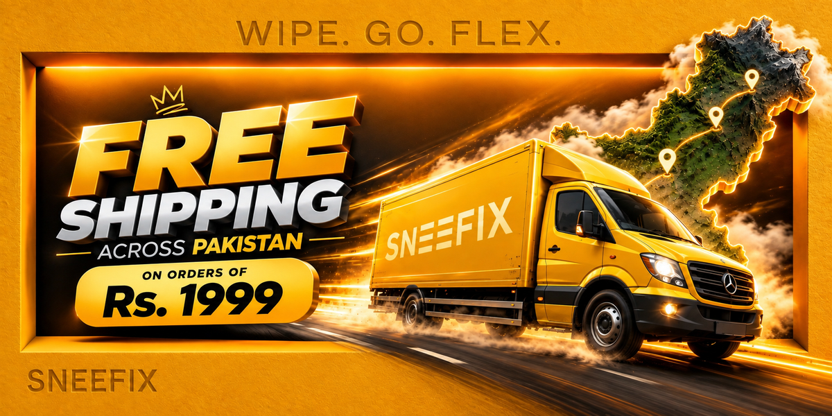 Sneefix Free Shipping offer mentions that above the value of Rs.1999, Sneefix offers Free delivery Nationwide. The Yellow Accents highlight the color Scheme of the online Store. The Vehicle represents the Fast Delivery Process. There is the company slogan on the accent frame, "Wipe. Go. Flex.".