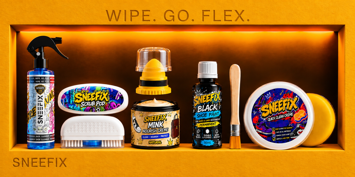 A lineup of Sneefix products in Sneefix shoe care combo. the first blue bottle is the Sneefix Ultimate Shoe Cleaner. The Second, White Pod is Sneefix Scrubpod. The third, yellow capped bottle is Sneefix Mink Nourish Creme. The fourth, black bottle is Sneefix Black Shoe Paint. Then, There is applicator brush made of wood with hair bristles. The White ROund Container in the right is Sneefix Quick Clean Creme with its applicator.